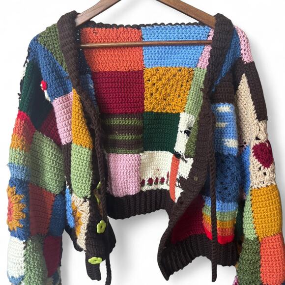 Handmade Crochet Granny Square Patchwork Cardigan Colorful Boho Sweater M - Picture 4 of 8